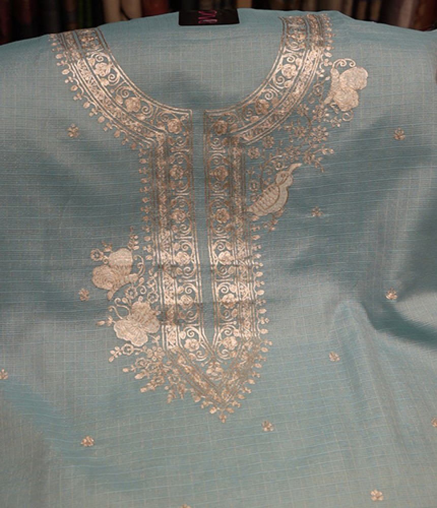 Aqua Zari-Embroidered Chanderi Fabric