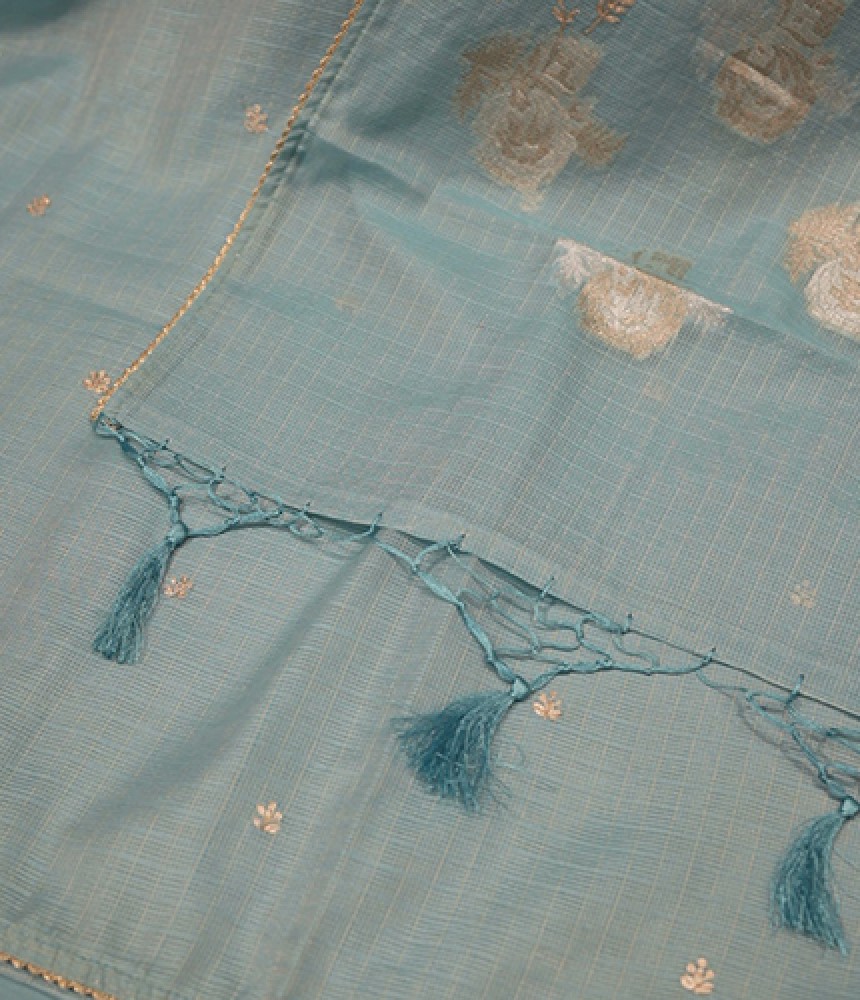 Aqua Zari-Embroidered Chanderi Fabric