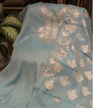 Aqua Zari-Embroidered Chanderi Fabric