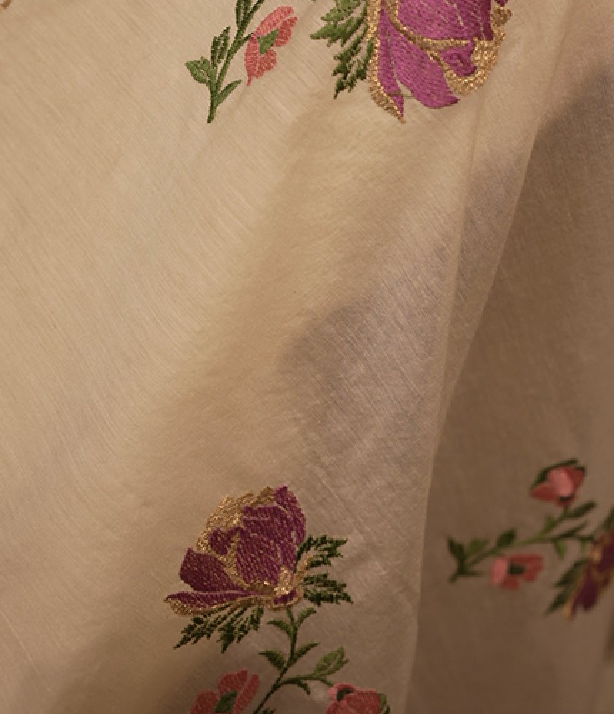 Ivory Floral Zari-Striped Handloom Fabric