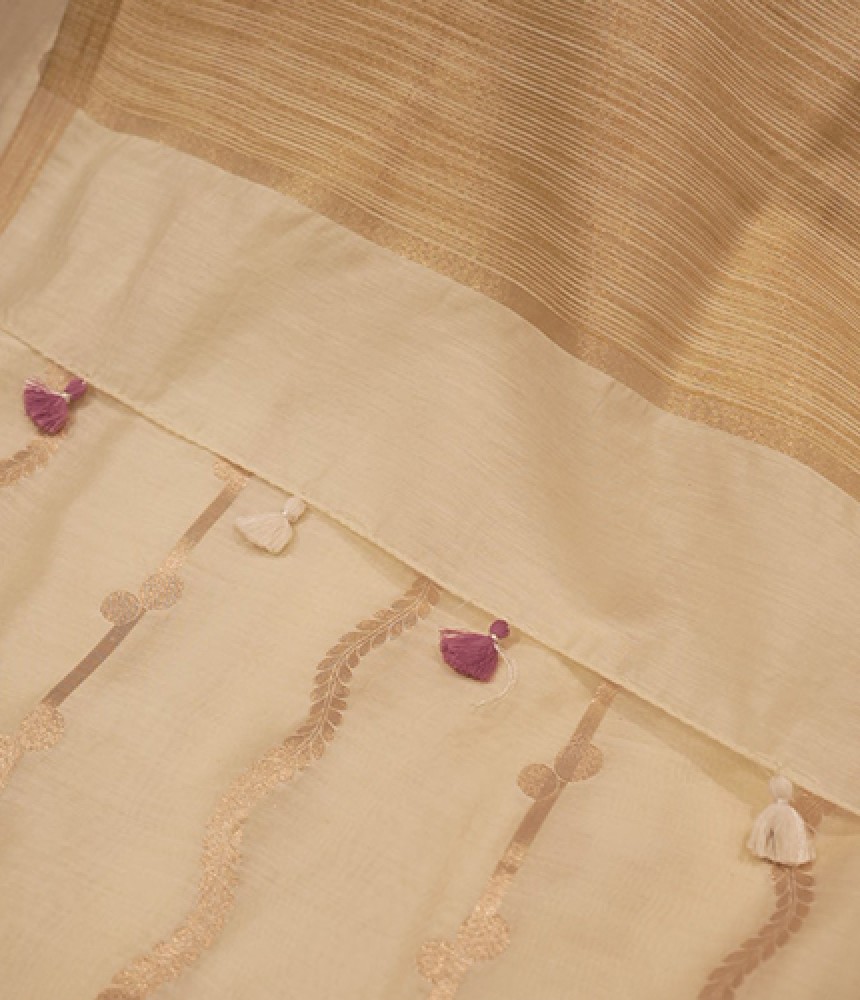 Ivory Floral Zari-Striped Handloom Fabric