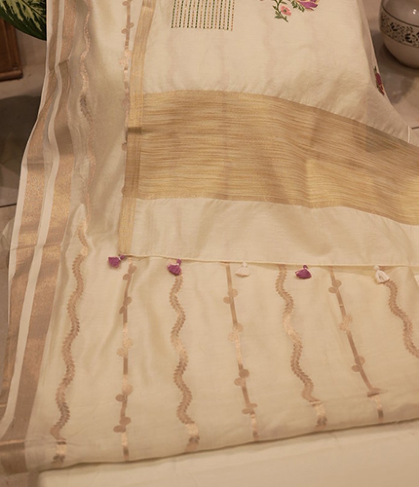 Ivory Floral Zari-Striped Handloom Fabric