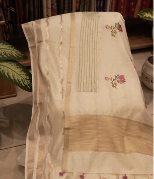 Ivory Floral Zari-Striped Handloom Fabric