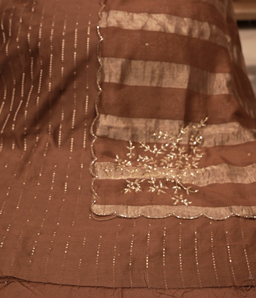 Cocoa Zari-Striped Handloom Fabric